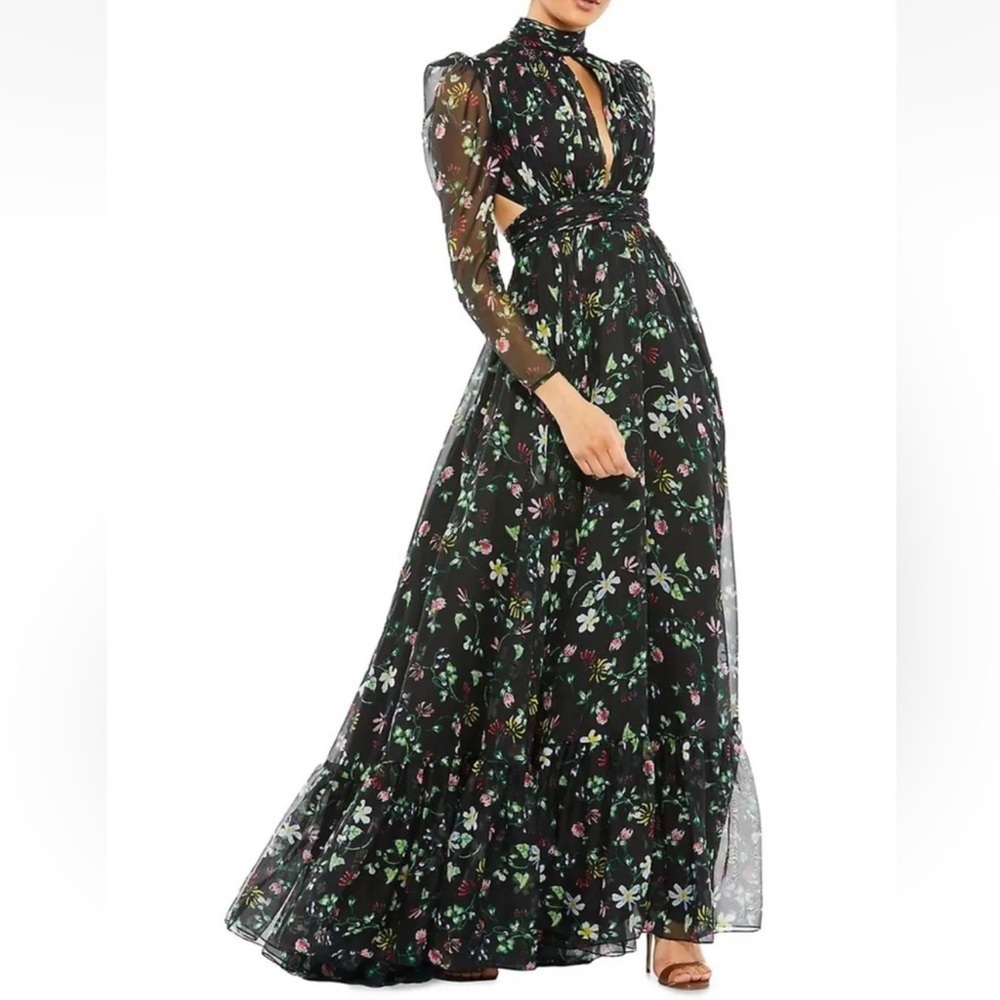 Mac Duggal Black Floral Long Sleeve Dress Open Back Dress Size 16